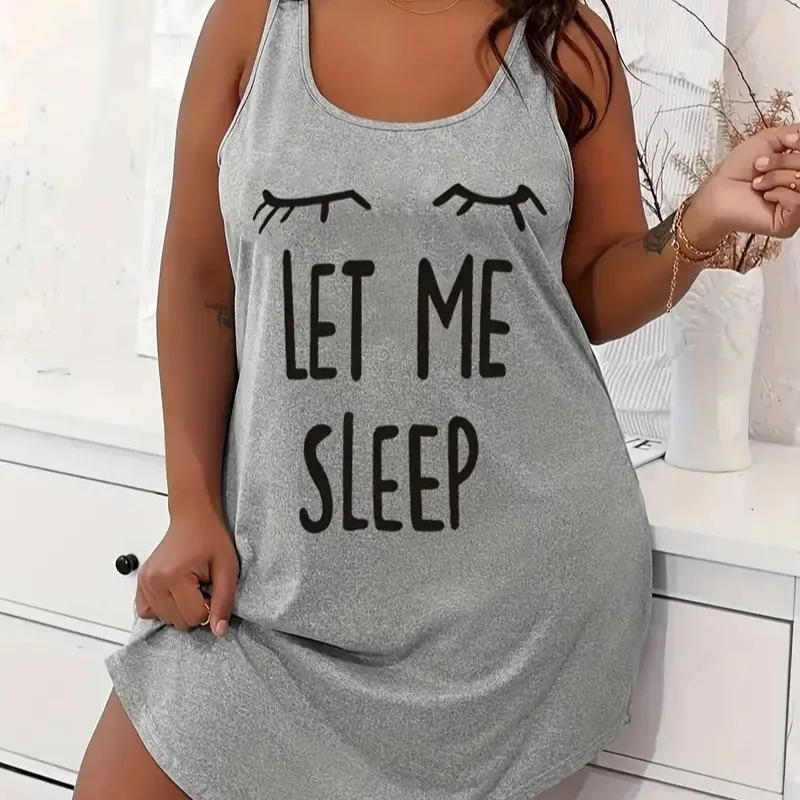 Women's Casual Vest Dress Plus Size Eyelashes and Letters 3D Printed Racing Vest Nightdress Sleepwear Women