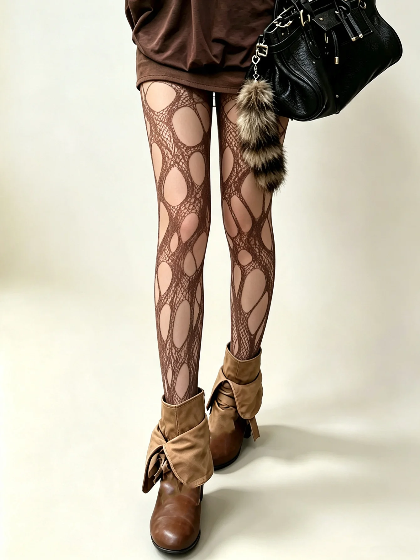 Women Irregular Torn Hole Fishnet Tights Brown Y2K Retro Style See‑Through Mesh Pantyhose Street Photo Shoot Tights