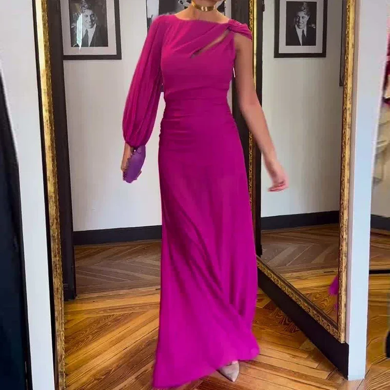 

Elegant Ladies One Shoulder Banquet Evening Dress Women Temperament Solid Hollow Out Draped Maxi Dress Casual O-Neck Party Dress