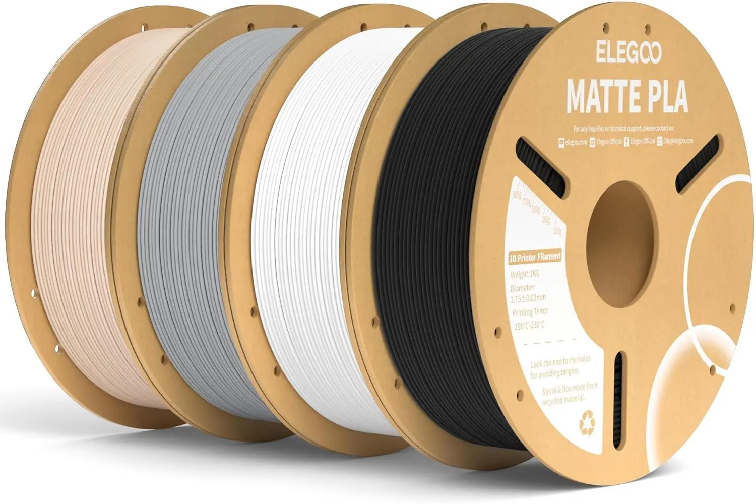

Matte PLA Filament Bundle 4KG, 1.75mm for FDM 3D Printers with High Accuracy +/-0.02mm, Includes Black White Gray Beige