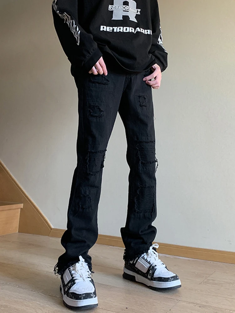 

Cleanfit Black Distressed Straight Leg Jeans Men's American High Street Vibe Extended Tall Slim Micro Flared Pants