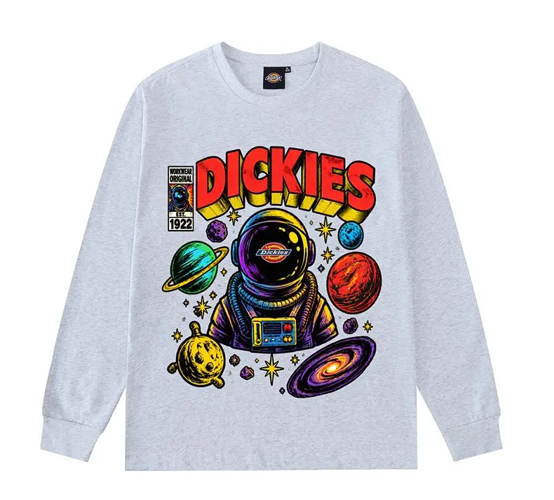Dickies Trendy American Astronaut Planet Graphic Print Couple Pure Cotton Long Sleeve T-Shirt, Versatile Casual Top