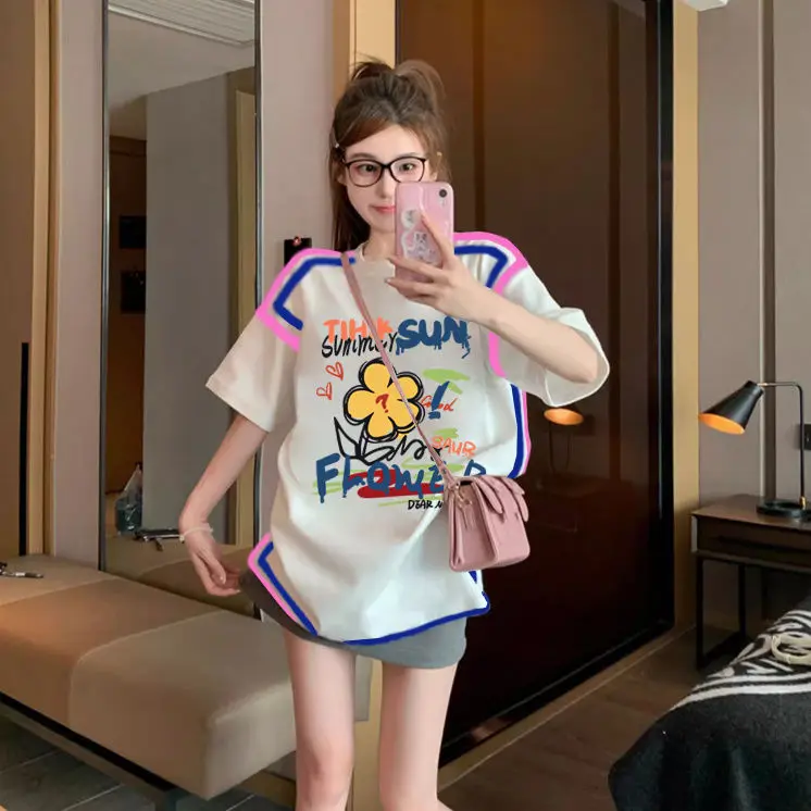 Korea Women Casual Printed Basic Short Sleeve T-Shirt Summer Solid Loose Tees Female Top 2024 New