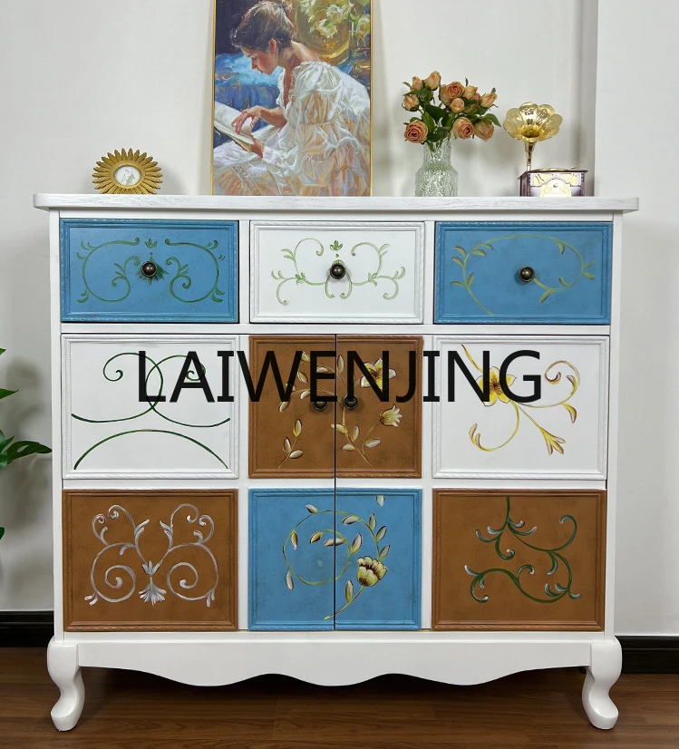 

American Painted Art Shoe Cabinet French Retro Two-Door Solid Wood Simplicity Hallway Dining Side Chest of Drawers