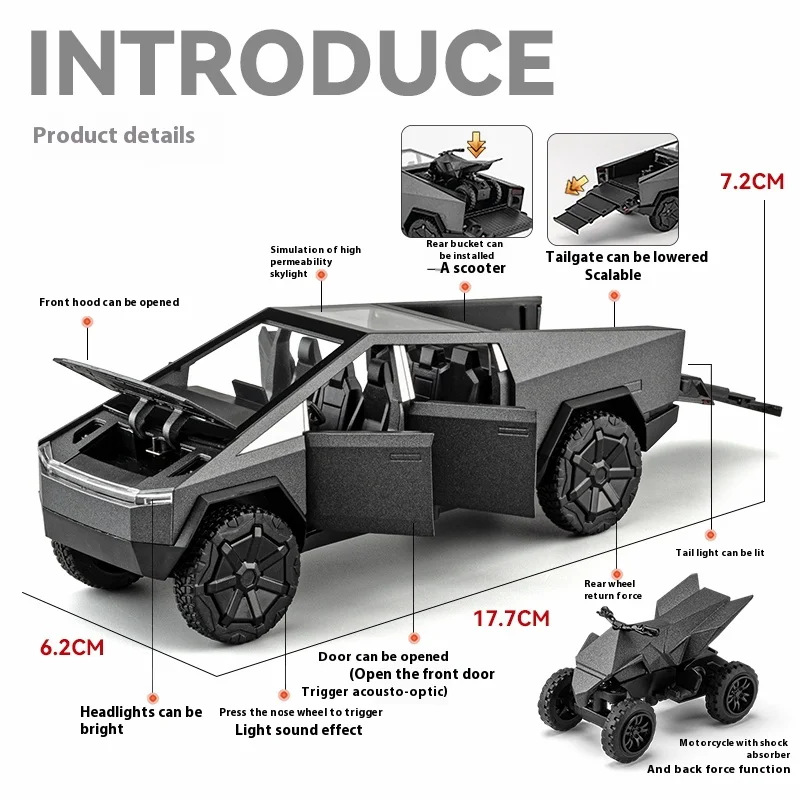 Cybertruck بيك اب مقطورة RV ألعاب مصنوعة من خليط معدني نموذج سيارة دييكاست على الطرق الوعرة مركبة هدية للبنين أطفال جمع شاحنة الحلي