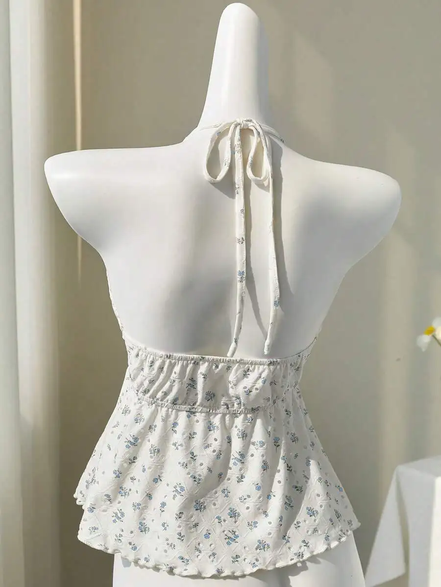 Delicate Ditsy Floral Hollow V-Neck Sexy Backless Sleeveless Crop Top, Spring/Summer