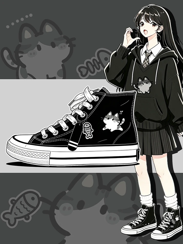 Amy und Michael Kawaii Anime Mädchen Studenten Alltagsschuhe Damen High-Top Canvas-Schuhe Schwarze Schnürschuhe Flache Freizeitsneaker – Detail 3