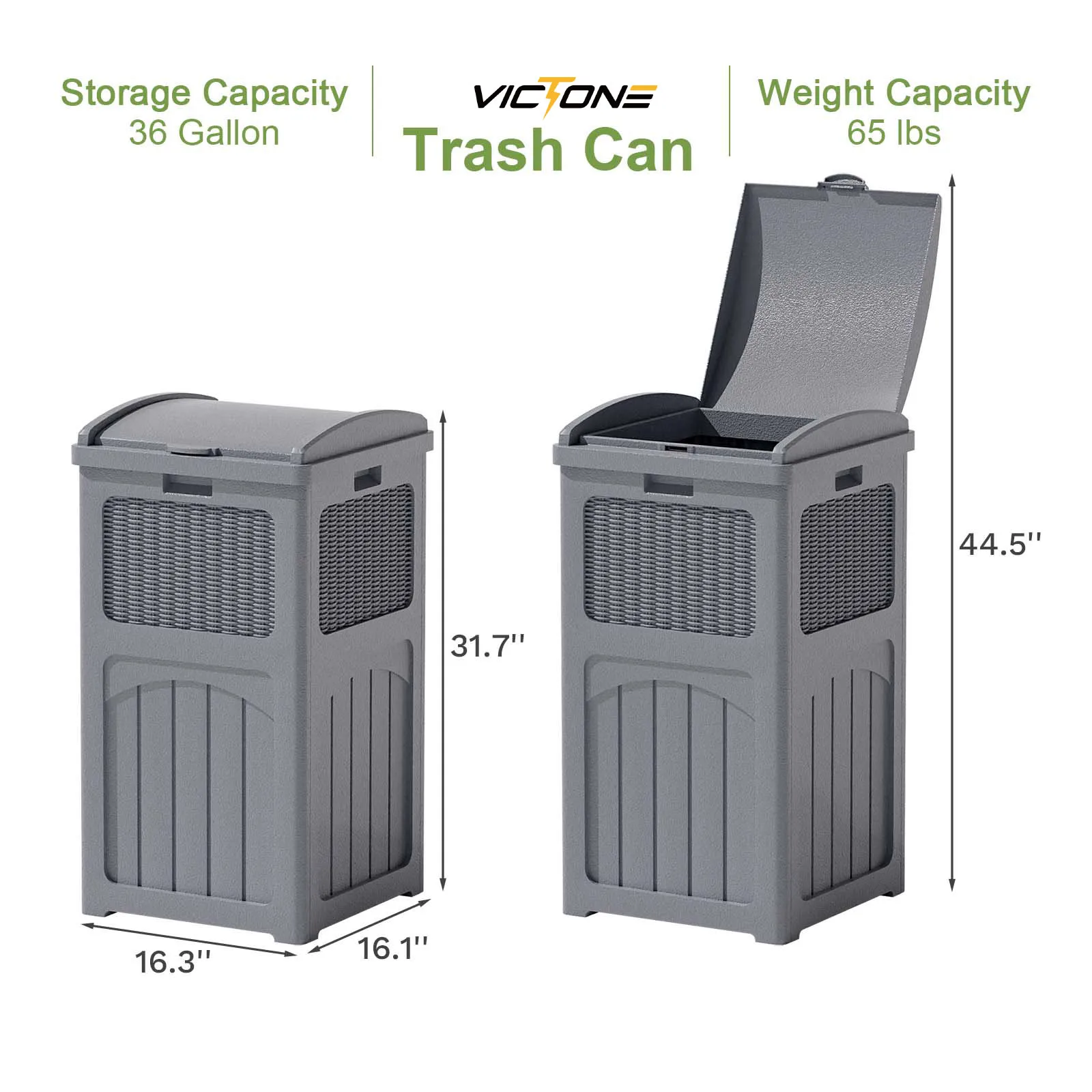 Victone 36 Gallon Outdoor Trash Can, Resin Outdoor Garbage Can with Lid for Patio, Backyard, Deck, Grey