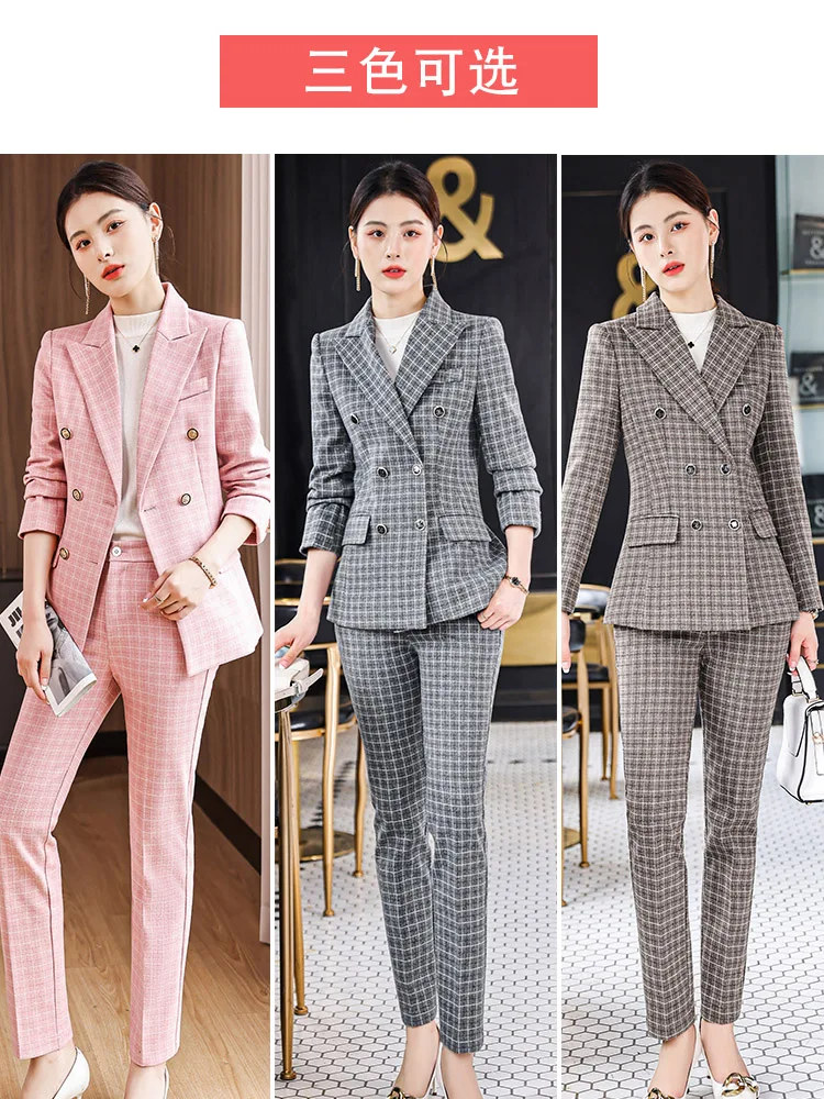 Casual plaid fashion suit women's new Korean long-sleeved temperament professional suit two-piece set ensemble femme 2 pièces