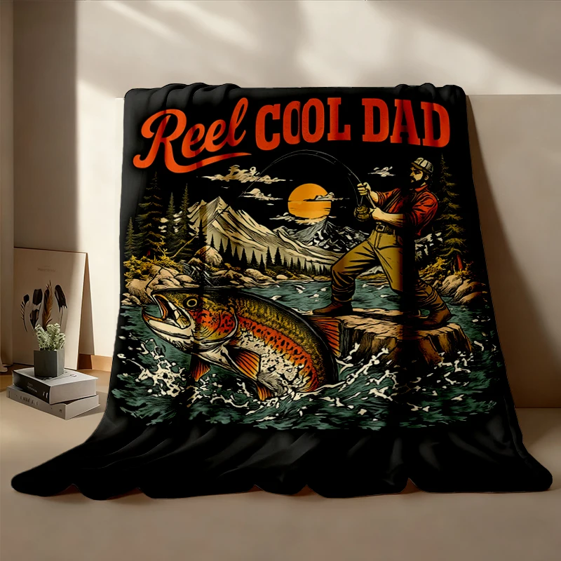 Fishing Dad Flannel Blanket Father's Day Gift, Reel Cool Dad Flannel Throw Fisherman Cozy Blanket