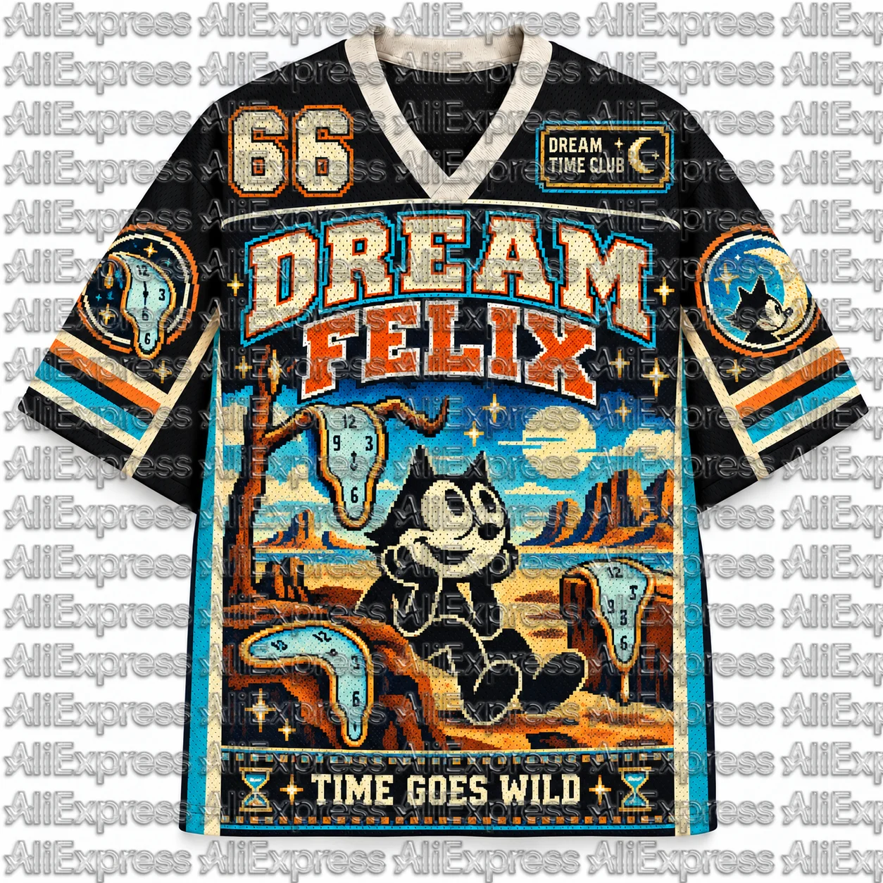 Dream Felix Cat 66 Pattern Men's Mesh V-neck Short Sleeved T-shirt Retro Surreal Dali Clock Cartoon Neutral Street Sports Top