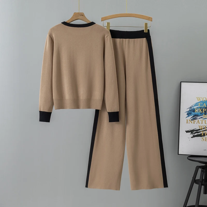 2025 Autumn Winter New Knitted Loose  Women Pant Suits O Neck  Female Pullover Suit  Fashion  Wide Leg High Waist Pants Set