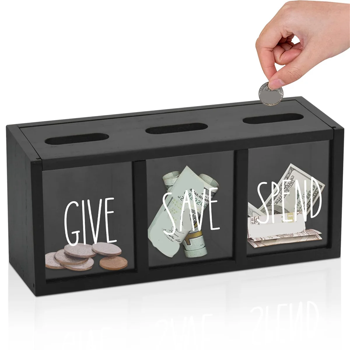 Wooden Give Save Spend Money Saving Box for Kids, Countertop Kid Piggy Bank for Daily Cash, Wall-Mount Kids Bank Black