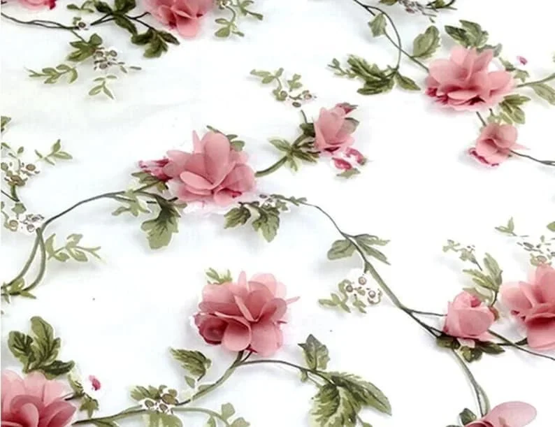 

Шифоновая ткань с розовым цветком, 3D кружевная ткань с цветочным принтом, кружевная ткань из органзы с 3D-розеткой, ткань для свадебного платья по дворам