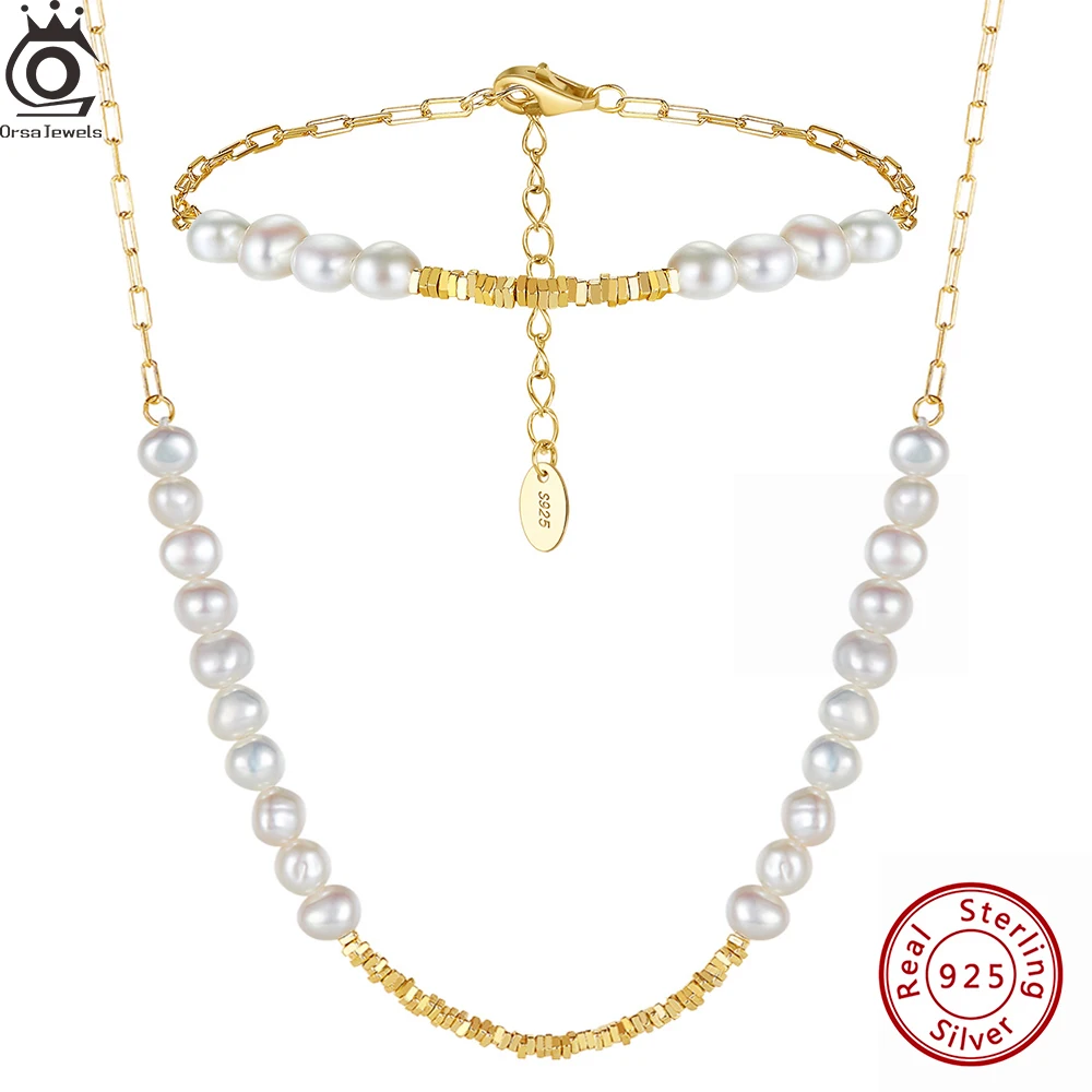 

ORSA JEWELS Baroque Pearl Beads Necklace Bracelet For Women 925 Sterling Silver 14K Gold Plated Pearls Chain Jewelry Gift GPN68