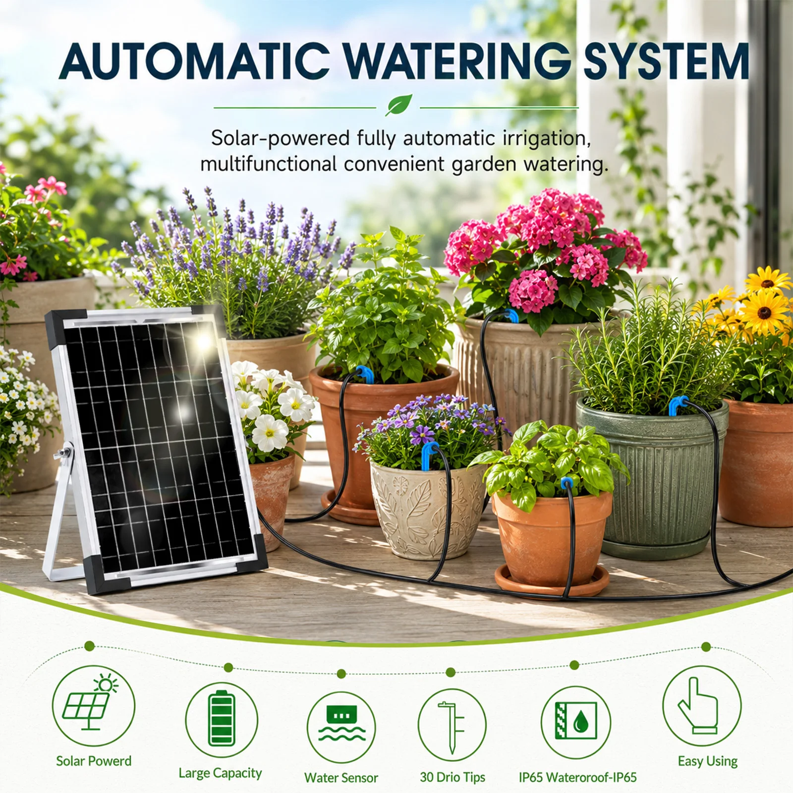 Sistema de riego por goteo automático con energía solar, manguera de 35 m y 300 modos de riego, dispositivo de riego automático para 30 plantas en macetas, ideal para balcones, jardines y invernaderos.