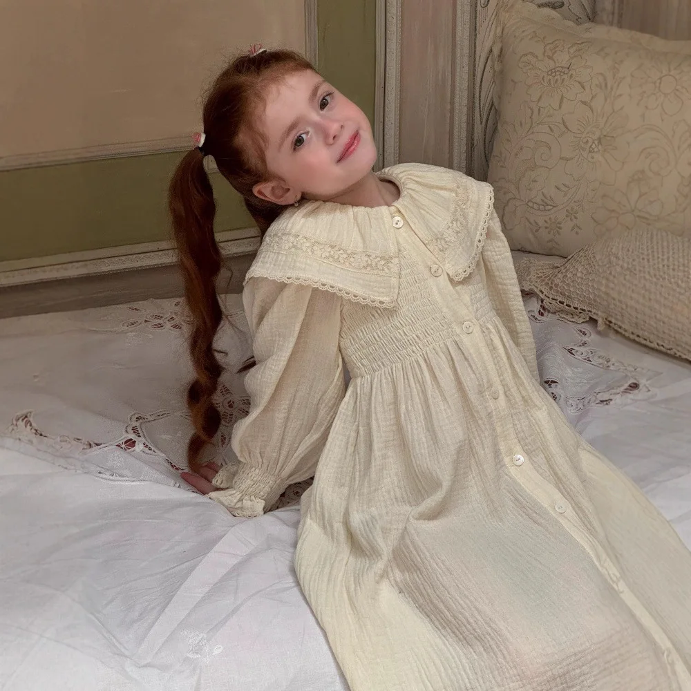 

Детское платье для девочек, осеннее однотонное платье из 100% хлопка с воротником «Питер-ручка», детское платье для девочек, корейское платье до колена для маленьких девочек