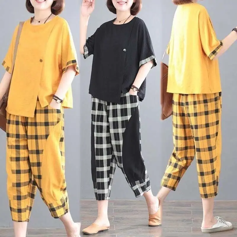 

Women's Fashionable Plaid Patchwork Loose Two-Piece Set Summer Nine-Piece Pants Short Sleeve Casual Sportswear Ensemble