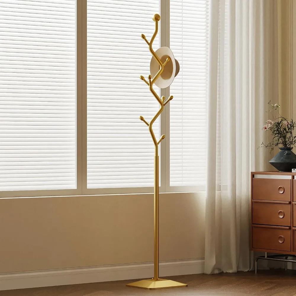 

Gold Coat Rack Tree Stand Freestanding Heavy Duty with 8 Hooks Sturdy Metal Base for Entryway Bedroom Hats Purses