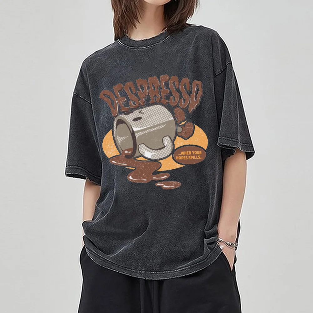 

Casual Style Cartoon Coffee Cup Print Women T-Shirt Loose Wash 2024 Summer Popular Short Sleeve Unisex Cute Distressed Top Men