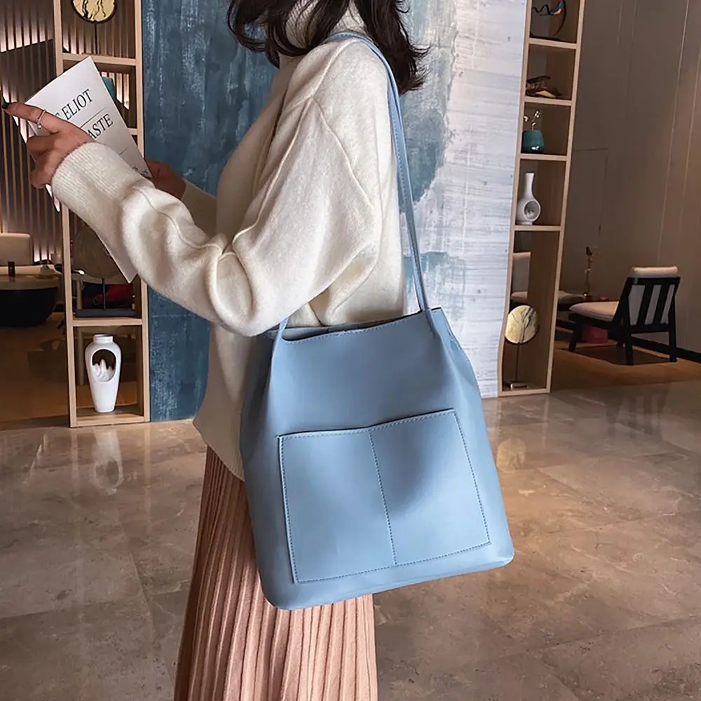 All-match Luxury Shoulder Bucket Bags Winter Autumn Large Capacity Vintage Bag with Pouch PU Leather Korean Style Tote Bag