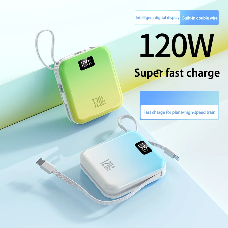 Power Bank 50000mah Mini Portable Slim Built-in 2 Cable Super Fast Charging Gradient Color Mobile Power Bank For Iphone Xiaomi