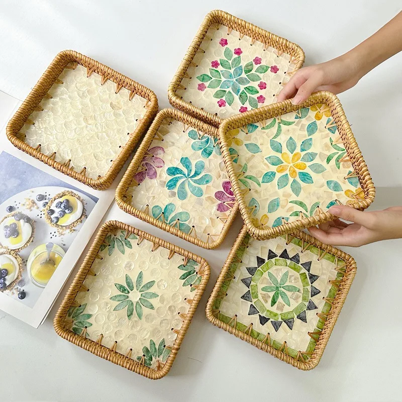 Colorful Shell Storage Tray Fruit Tea Snack Bread Rattan Wicker Storage Basket Picnic Cosmetic Storage Kitchen Household Tool