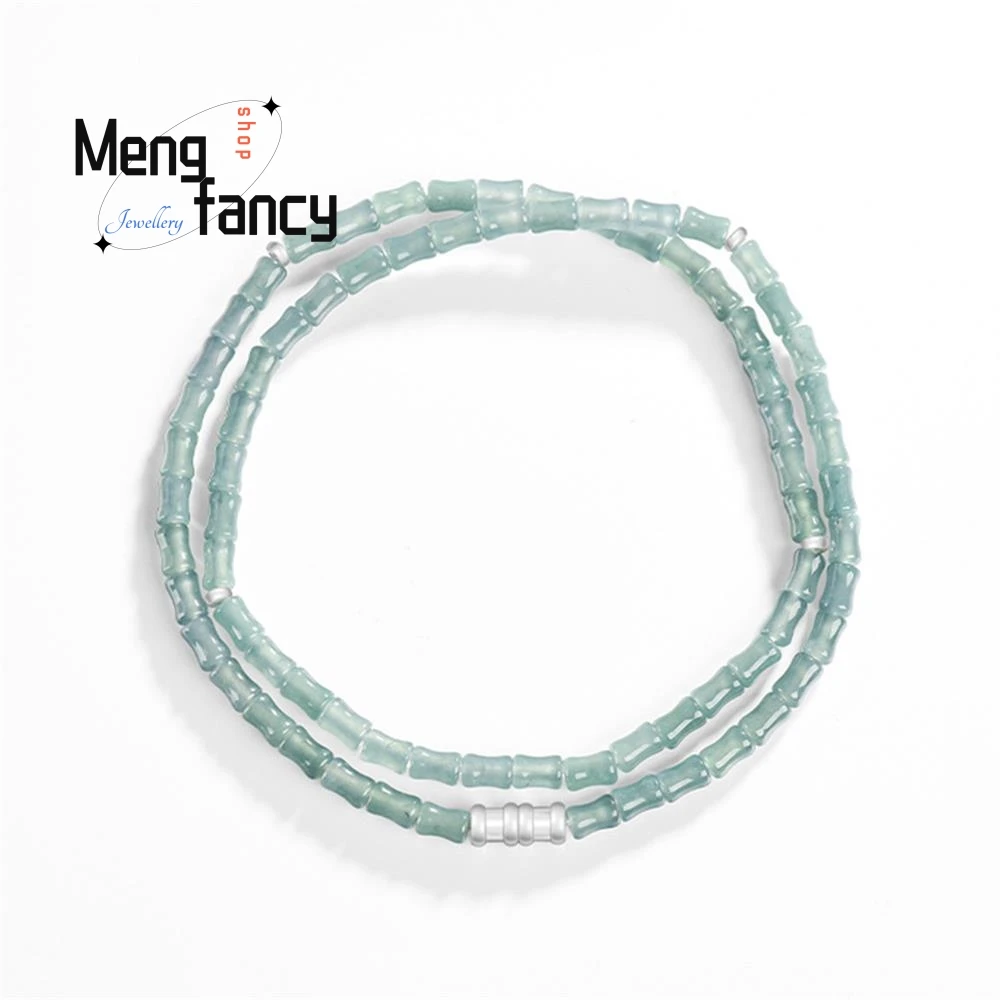 

Natural A-grade Jadeite Blue Water Bamboo Joint Jade Bead Ice-type S925 Silver Three-loop Bracelet Collarbone Chain Fine Jewelry