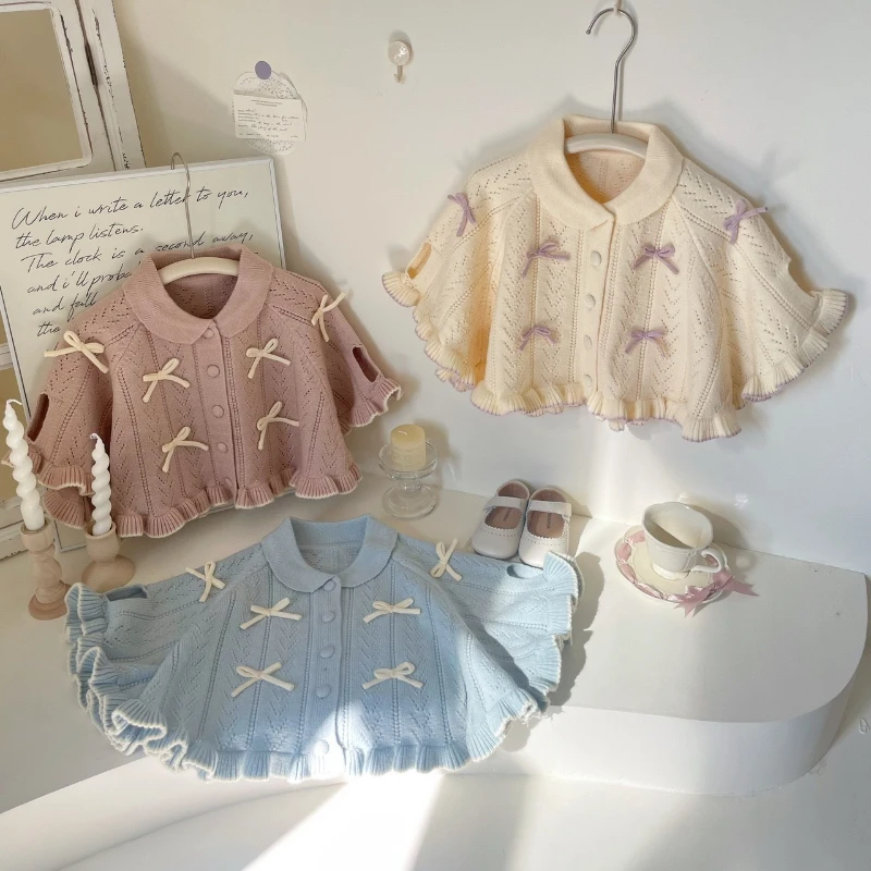 

Children's Warm Cardigan Cloak Solid Color Fungus Edge Bow 2025 New Autumn and Winter Children