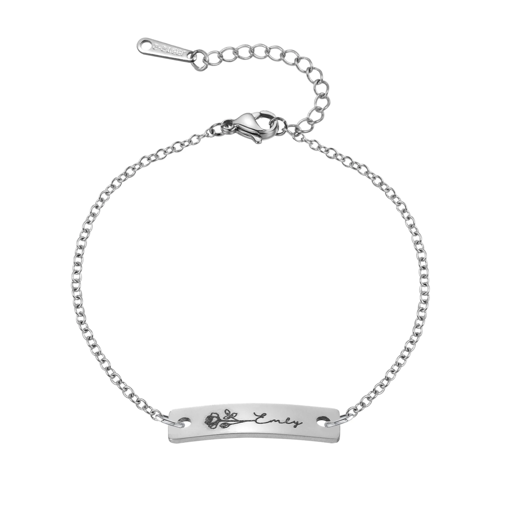 

Custom Birth Flower Bracelet Personalized Engraved Bar Pendant With Dainty Chain Stainless Steel Jewelry Unique Christmas Daily