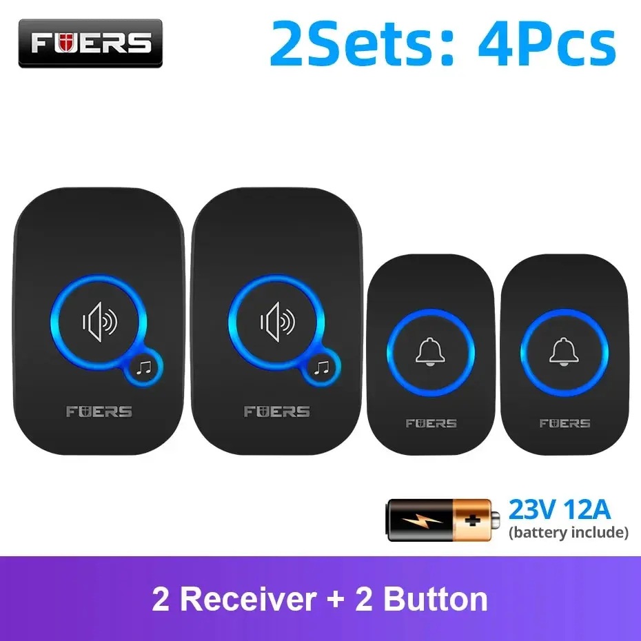 Fuers Wireless Doorbell 1000ft Range Loud Enough With 4 Volume Levels Door Welcome Chimes LED Flashing 2 Receivers & 2 Buttons