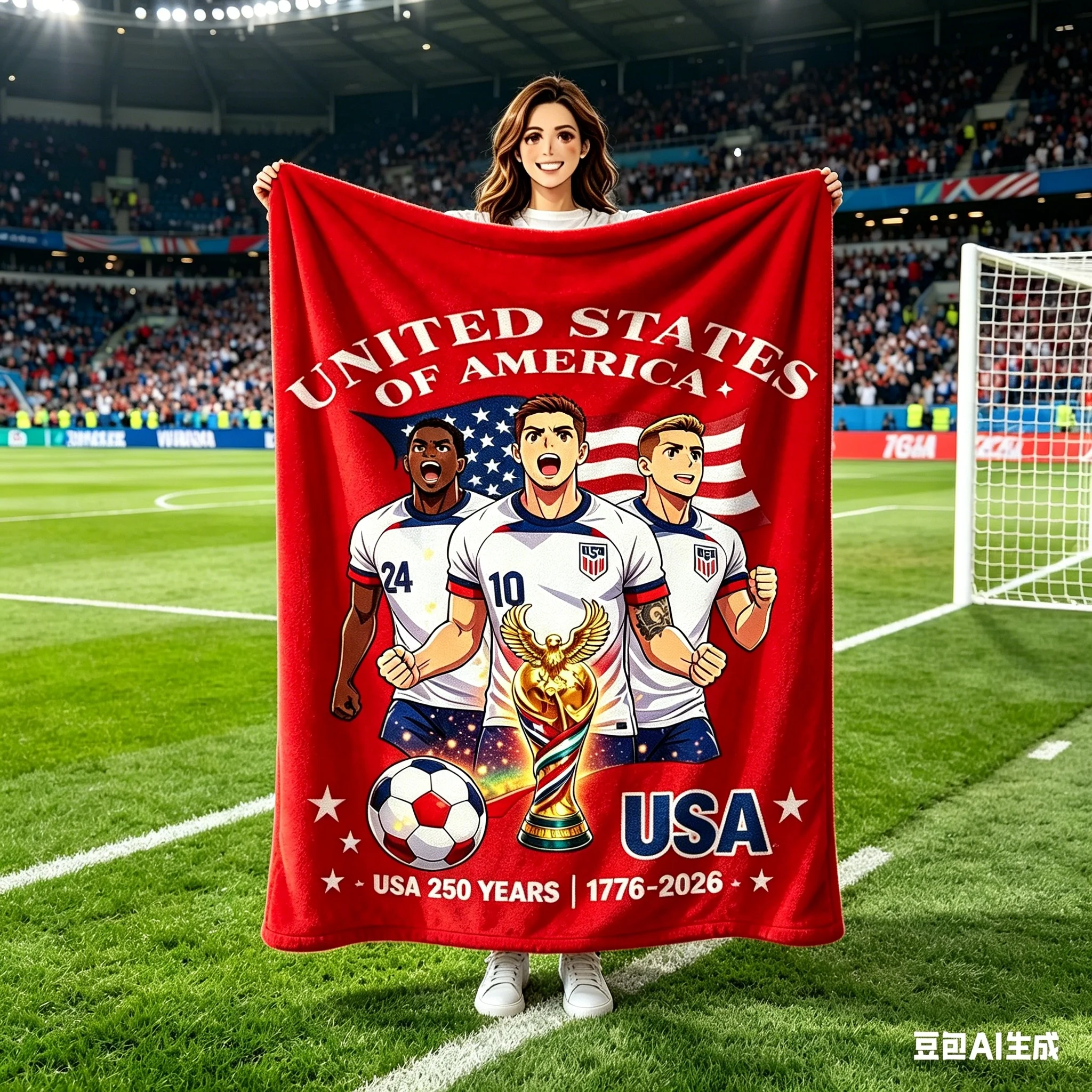 1pc Independence Day USA 250 Years Soccer Team Flannel Blanket, 2D All Season Holiday Keepsake, Soft Blanket for Bedroom, Campin