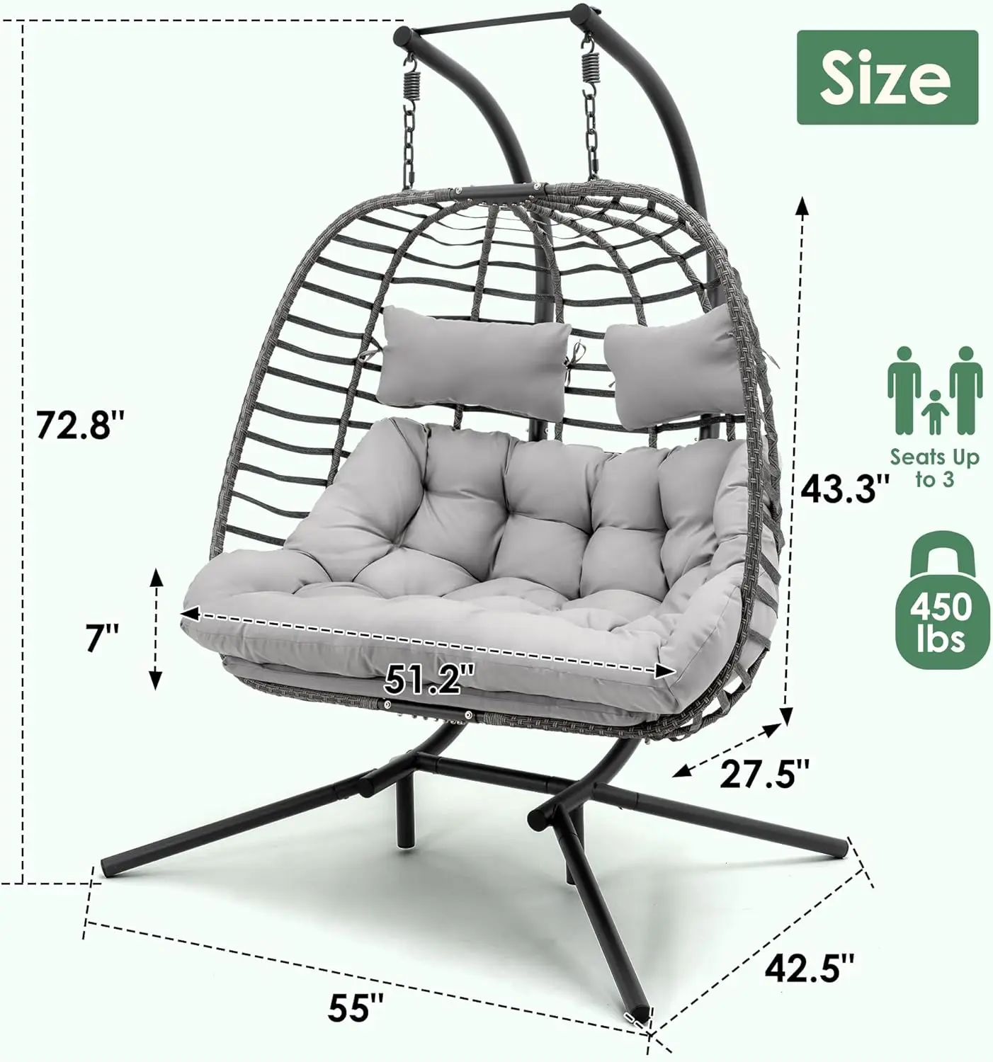 2 Person Hanging Egg Chair with Stand for Outdoor, Patio Hand Made Rattan Wicker Double Egg Swing Chairs Hammock Chair