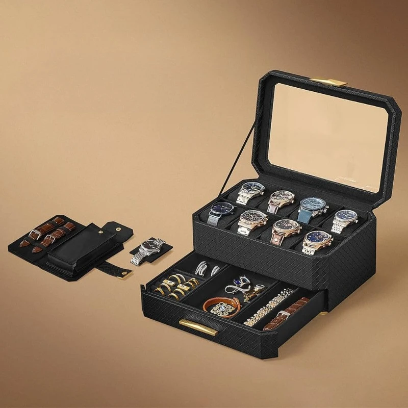 

Коробка для часов из искусственной кожи, роскошный двухслойный футляр для часов, вместительная шкатулка для украшений и ожерелий с прозрачным окном