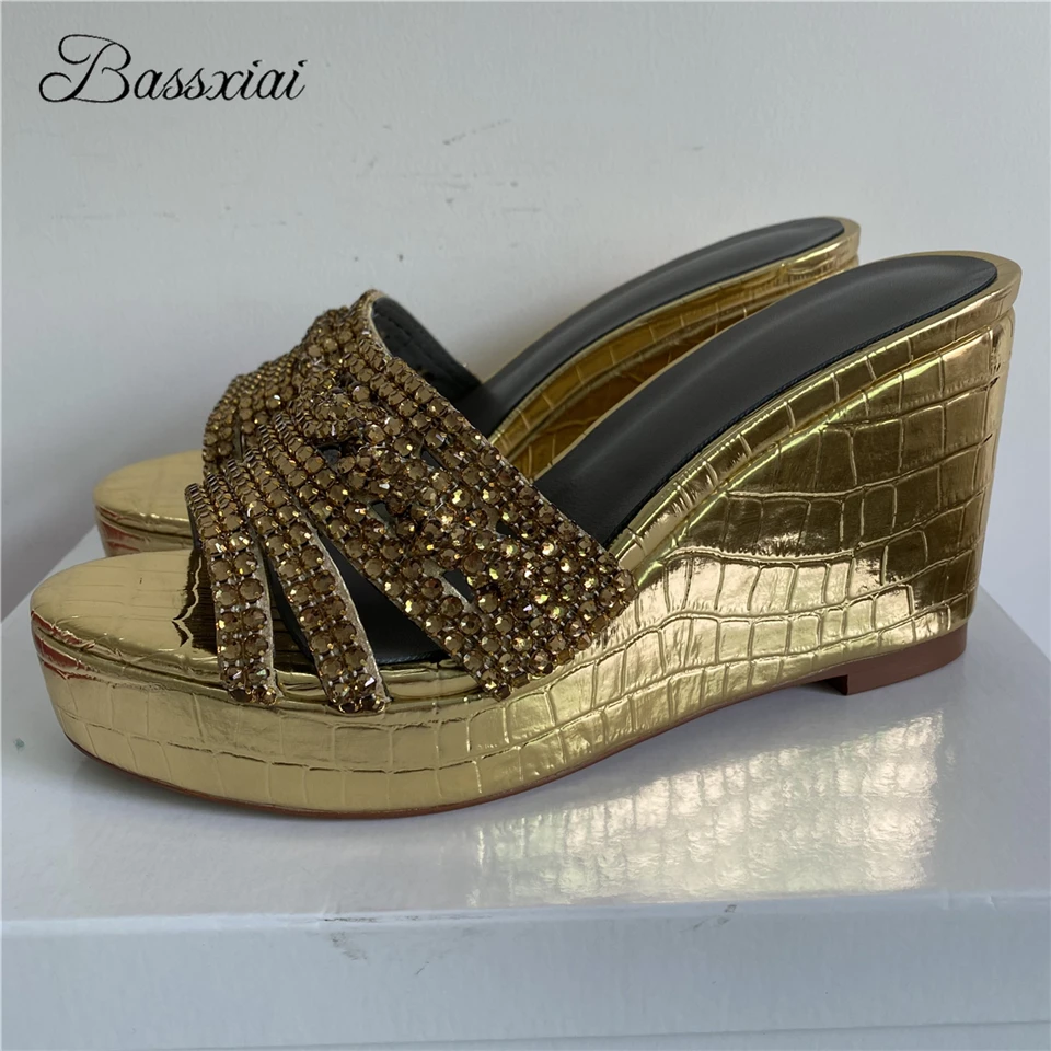 Genuine Leather Wedges Lazyman Mules Lady Sexy Open Toe Crystal Rhinestone High Plarform Slingbacks Summer Sandals Women