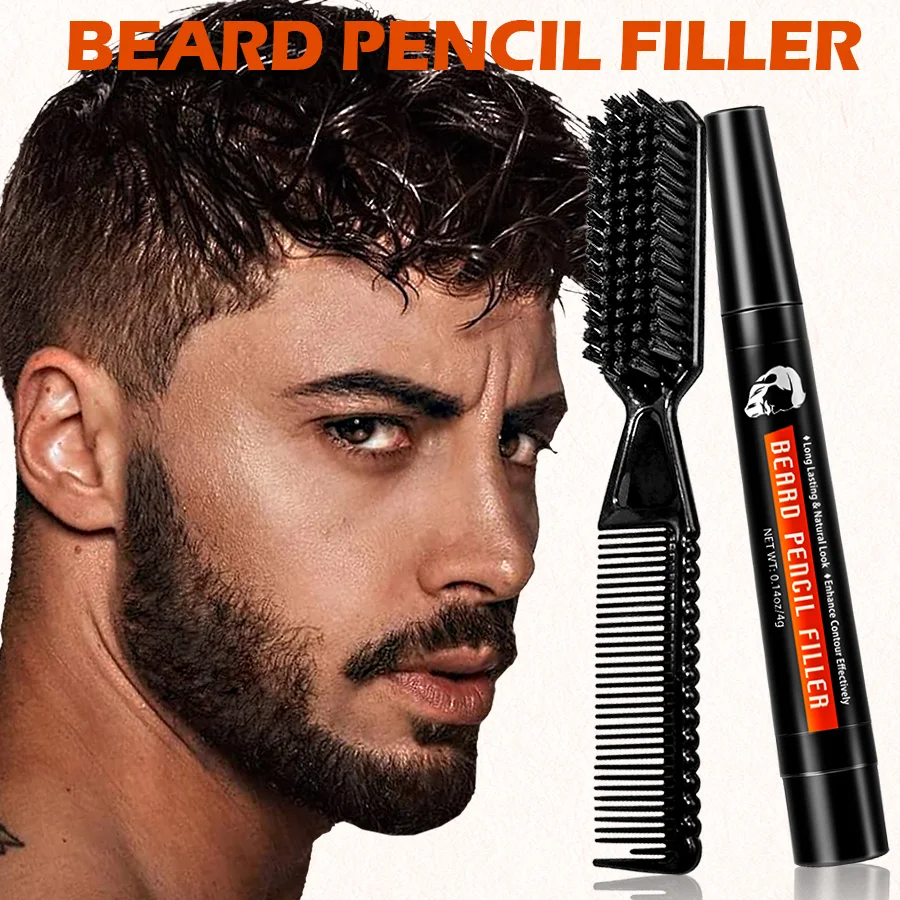 GOIPLE Beard Pencil Filler with Brush Kit Waterproof Enhancer Lasting Shaping Coloring Black Repair Beard Enhancer Pen