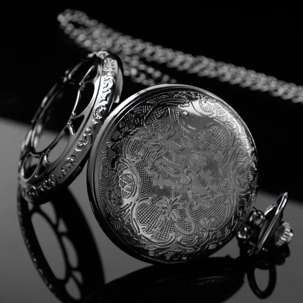 Black Hollow Fashion Pocket Watches For Women Unisex Vintage Skeleton Quartz Pocket FOB Watch Necklace Pendant Souvenir