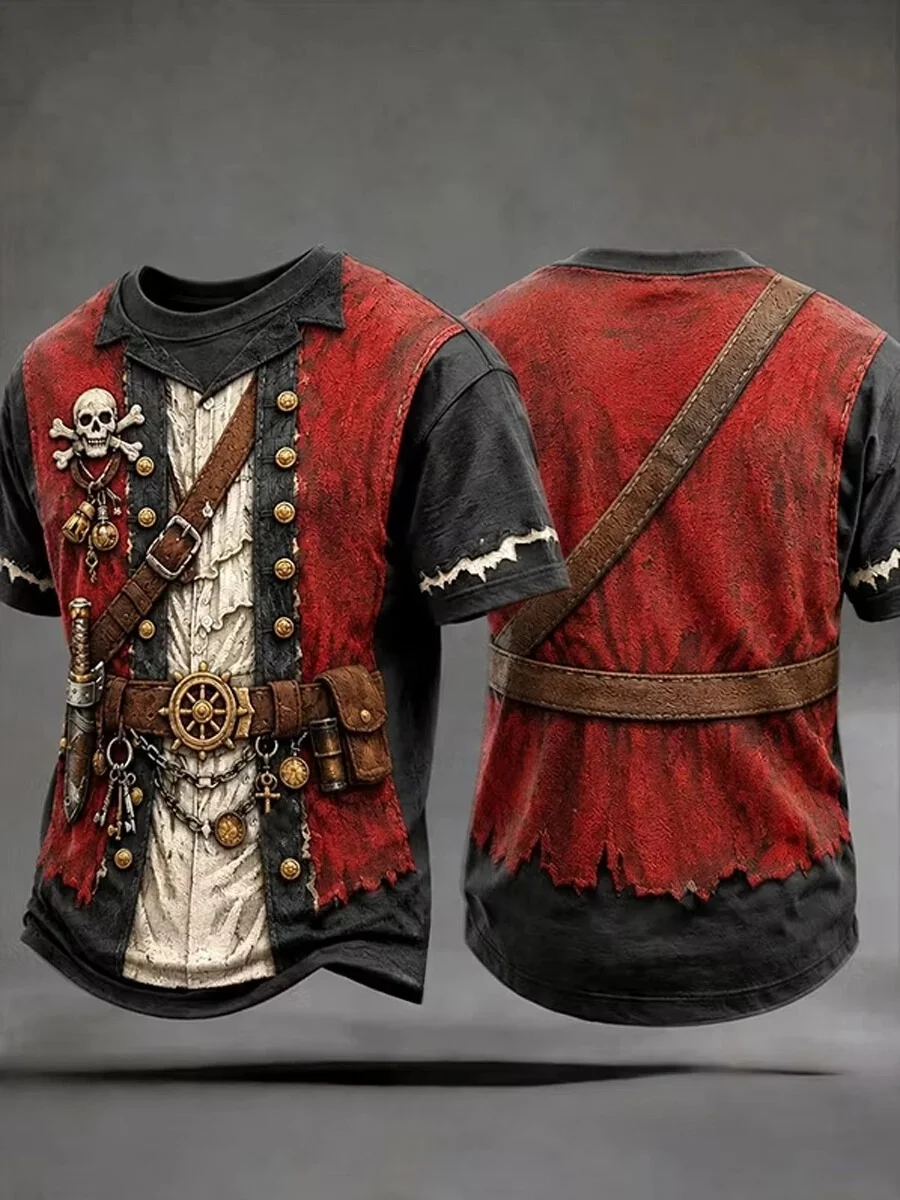 3D-printed Pirate T-shirt Featuring Skull and Ship's Wheel Graphics—a Nautical-style Top Perfect Halloween Cosplay Streetwear.