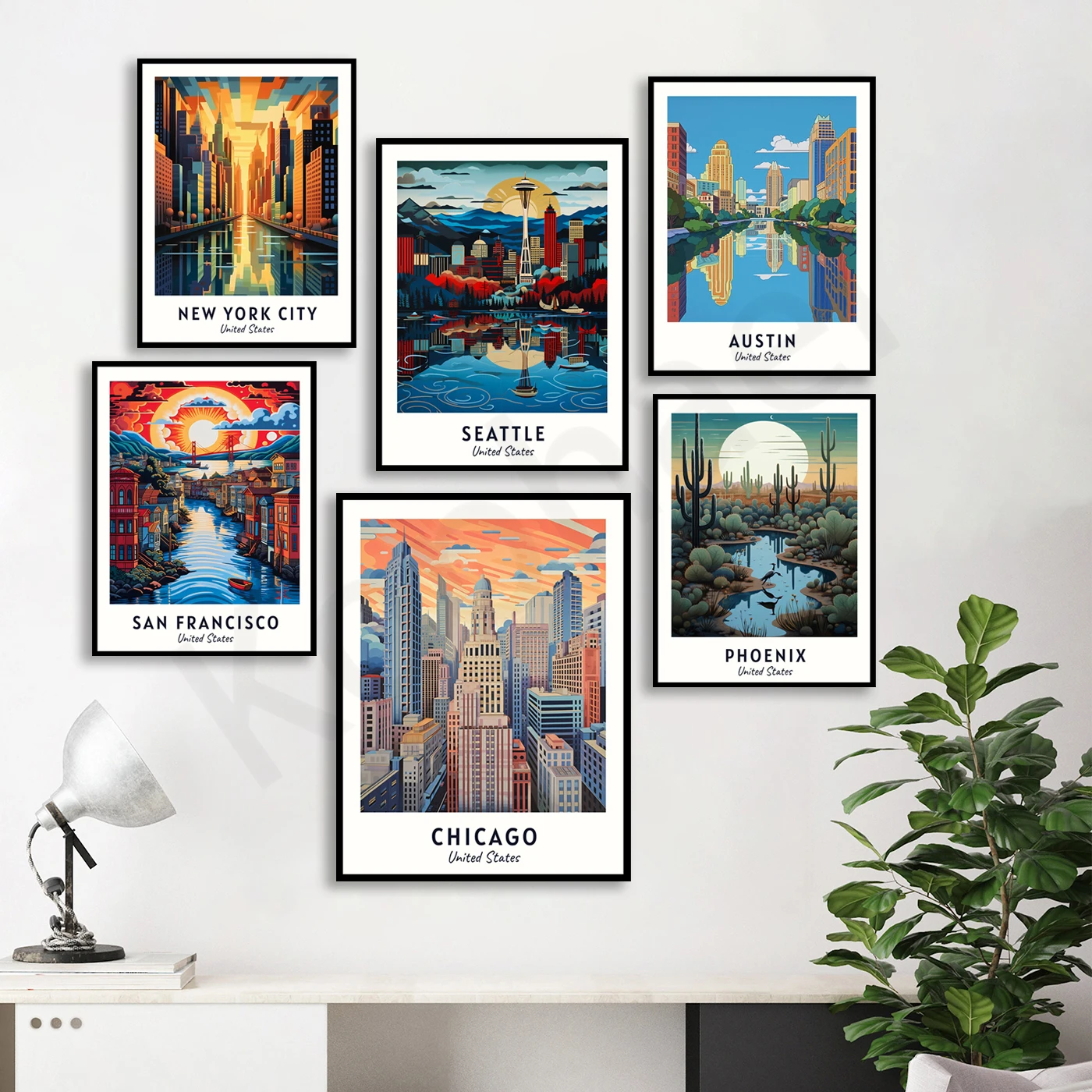 Houston .Chicago .New York .Seattle .Austin .San Diego .San Francisco .Phoenix .City Travel Landscape Poster