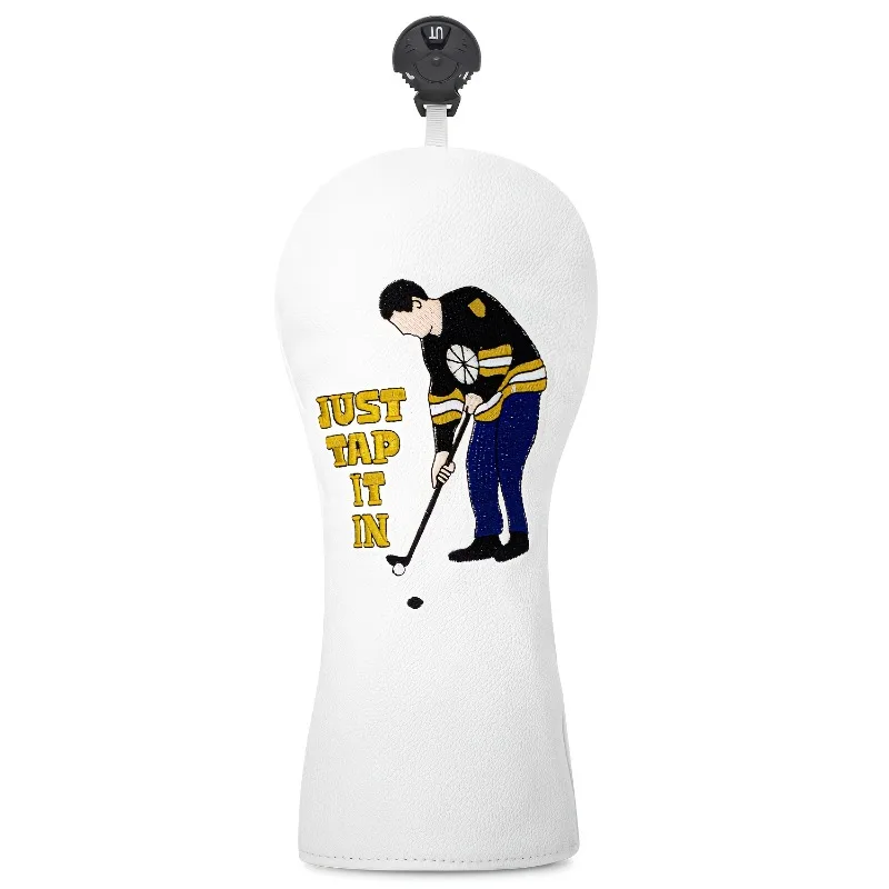 ฝาครอบป้องกันไม้กอล์ฟ - ดีไซน์ตัวอักษร “JUST TAP IN” อุปกรณ์เสริมที่ทนทานและมีสไตล์ อุปกรณ์เสริมสำหรับกอล์ฟ หมวกคลุมศีรษะ