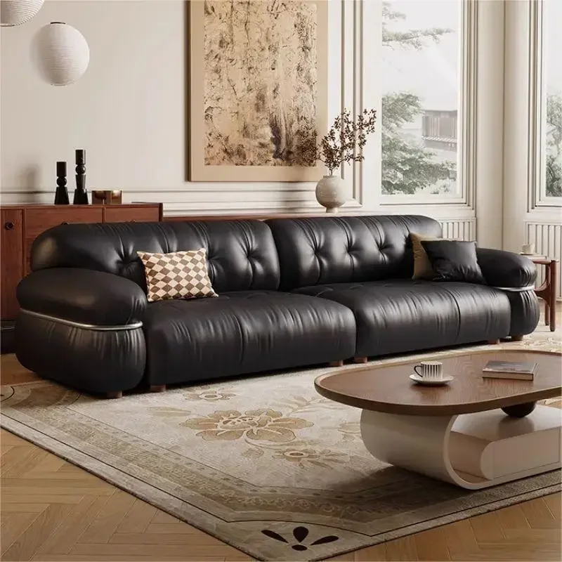 Living room furniture retro leather sofa living room black three-person light luxury sofa