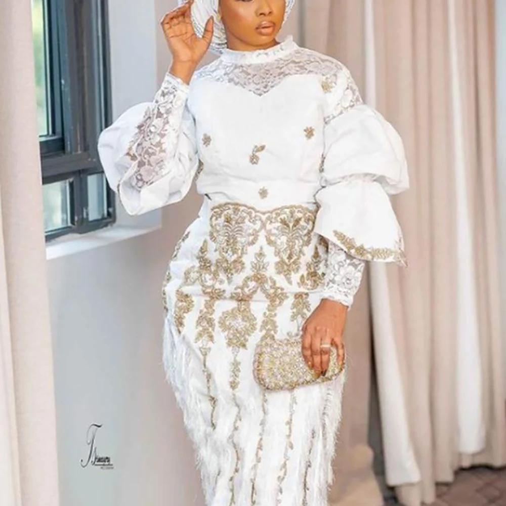 Women's African White Lace 2 Piece Outfit Gold Embroidery Puff Sleeve Blouse + Midi Skirt Set High Neck Formal Party Co-ord Sets