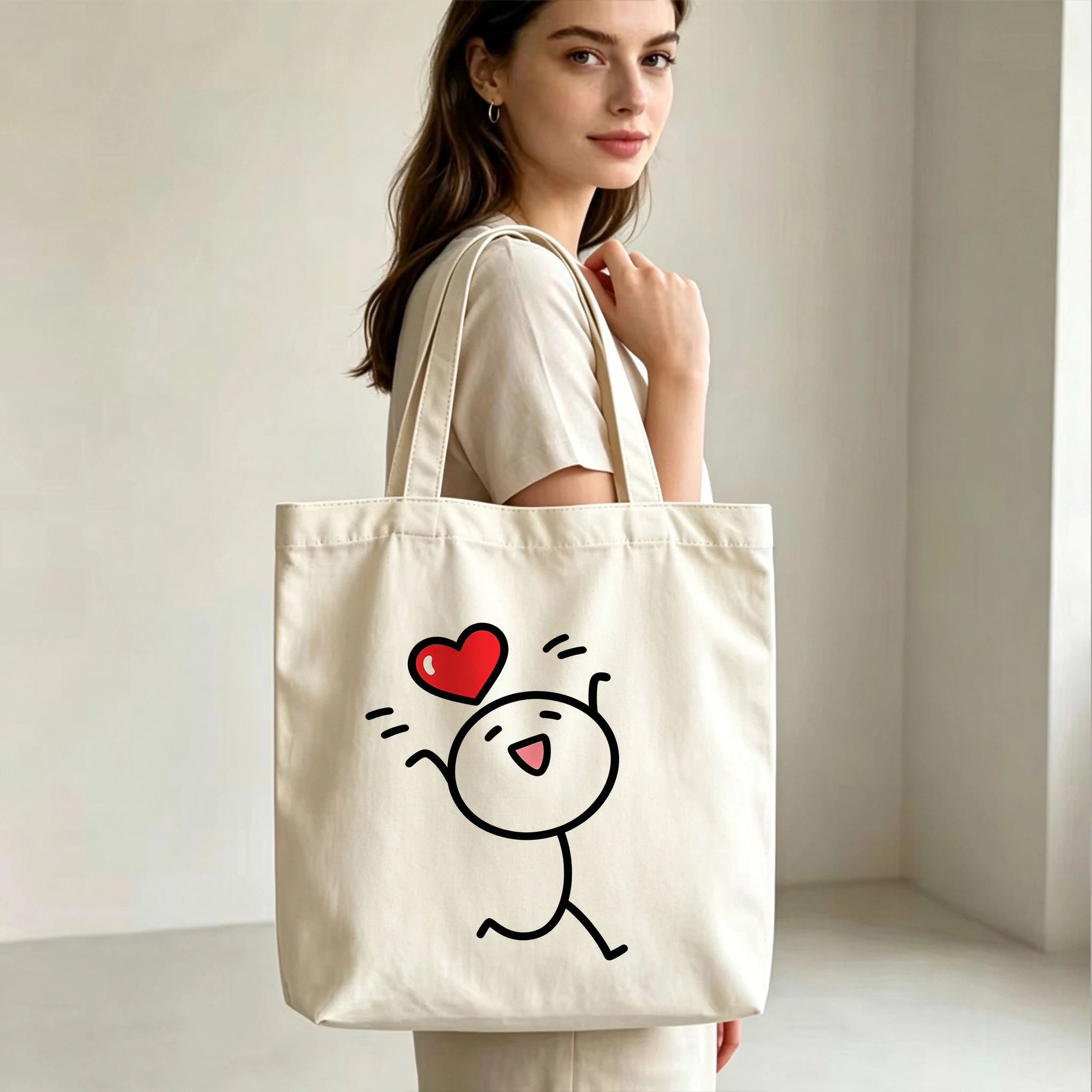 Personalized Stick Figure Heart Canvas Tote Bag Custom Name Cute Cartoon Aesthetic Grocery Shopping Bag Reusable for Women Gifts