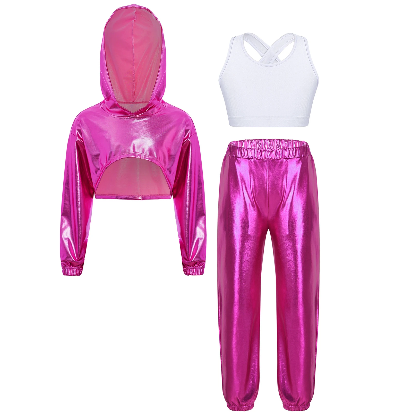 

Kids Girls Hip-Hop Jazz Dance Costume Long Sleeve Asymmetrical Hem Shiny Metallic Cropped Hoodie+Vest+Pants Fashion Streetwear