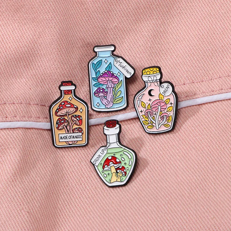4 Styles Pretty Mushroom In Bottle Design Enamel Pins Made Of Magic Dream Drink UP Pattern Brooches For Women Bag Backpack Badge