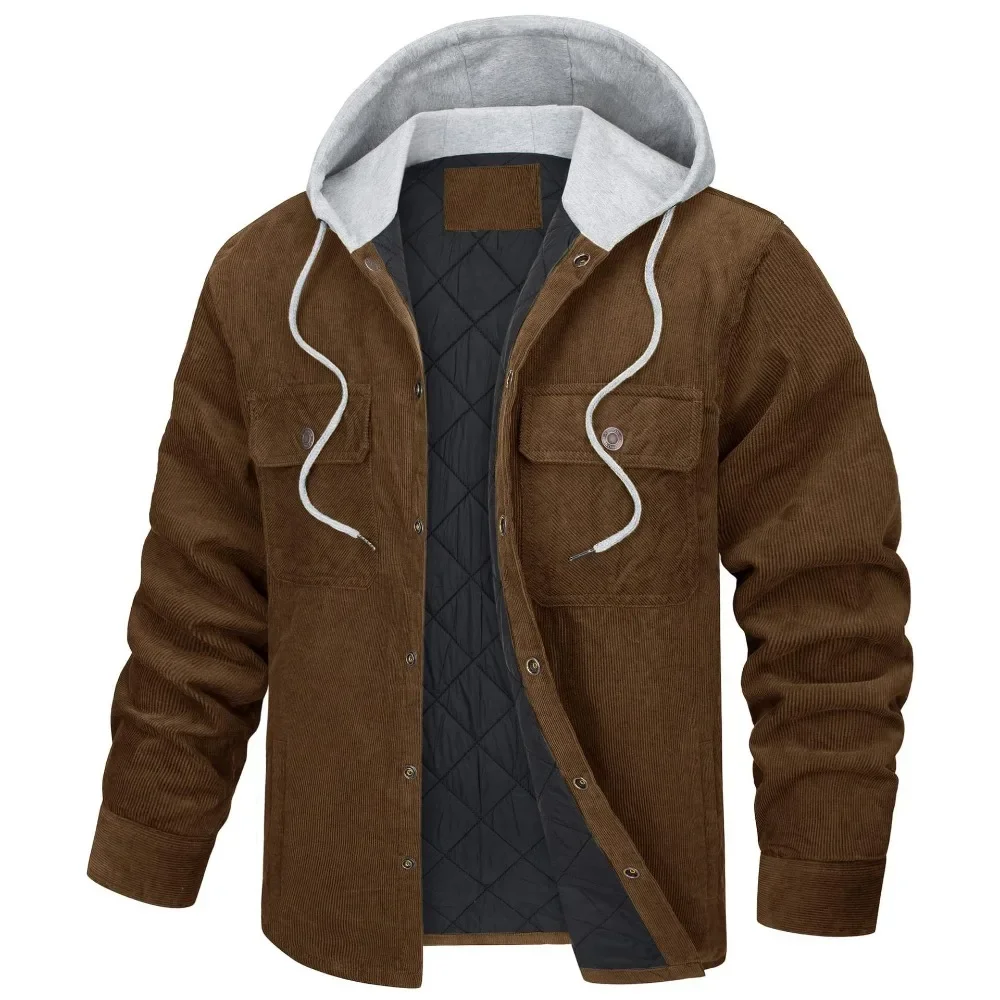 

2024 New Model Hooded Corduroy Jacket Mens Quilted Lined Padded Casual Shacket Winter Thermal Warm Work Casual Jackets