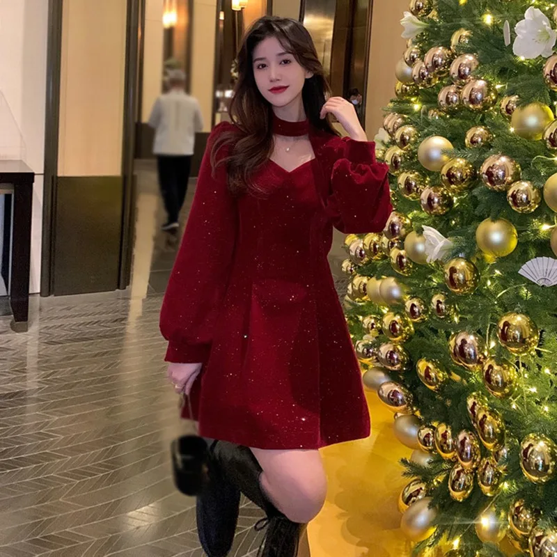 Sequins Long Sleeve Wram Vintage Dress Red Velvet Elegant Party Mini Dress Ladies Casual Korean A line Dress