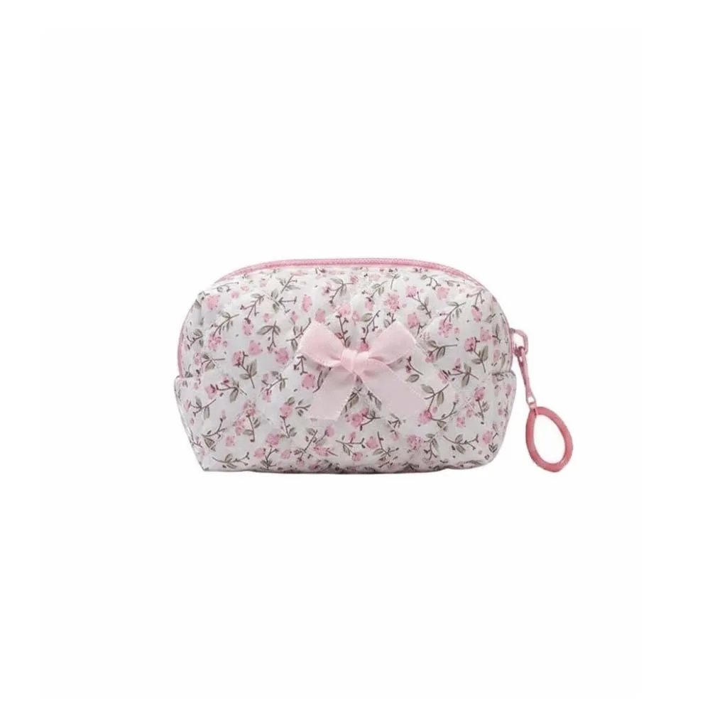 Embroidered Bowknot Mini Makeup Bag Quilted Lattice Floral Print Quilted Cosmetic Pouch Puffy Texture Compact Size