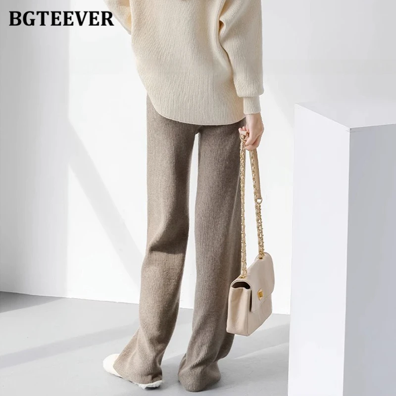 BGTEEVER Casual Elastic High Waist Floor-Length Women Wide Leg Sweater Trousers Autumn Winter Loose Female Solid Knitted Pants