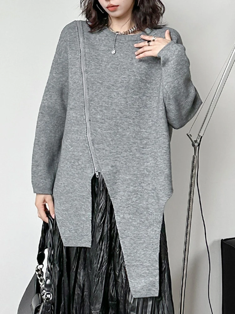 [EAM] Gray Zipper Big Size Knitting Sweater Round Neck Long Sleeve Women Pullovers New Fashion Tide Spring Autumn 2024 1DH7162